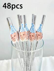 1/12/24/48pcs Customized Face Pattern Paper Straws, Personalized Face Design Straws For Party, Can Customize Age Birthday Party Face Pattern Decor Straws - Multicolor - View 13