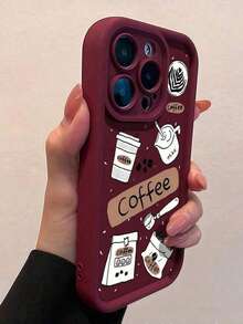 1pc Wine Red Coffee Pattern Full Coverage TPU Shockproof Phone Case Compatible With Apple 16, 15, 14, 13, 12, 11 Pro Max - Multicolor - View 2