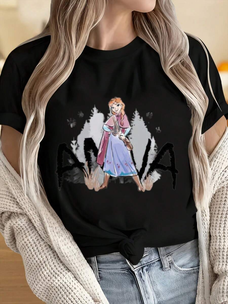 Anna Frozen Princess Cartoon Character T Shirt Women Casual Short Sleeve Top Fashion Graphic Tee For Girls And Women - Black - View 1