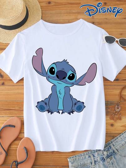 Disney 1pc Women's Short Sleeve T-Shirt, Cartoon Animal Graphic Print, Round Neck With Slight Stretch, Easy Care Material, Suitable For Daily Wear, Fashionable Women's Short Sleeve T-Shirt, Casual Wear