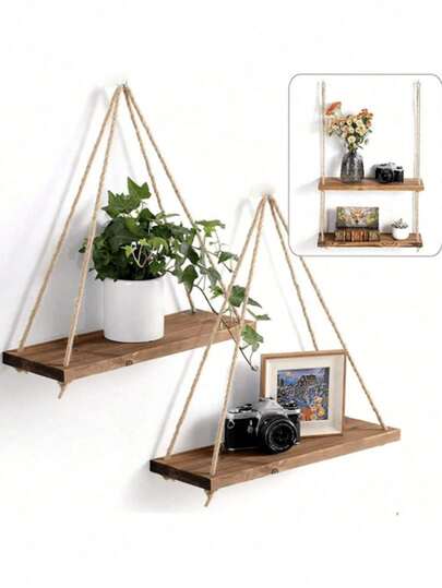 1pc Minimalist Woven Wall Hanging, Plant Hanger, Indoor Hanging Plant Rack, Wall Mounted Storage Shelf, Rustic Rope Wooden Farmhouse Decor, Boho Style Fabric Woven Storage Board Tapestry Rack, Suitable For Home Decor In Bathroom, Office, Balcony, Bedroom, Living Room