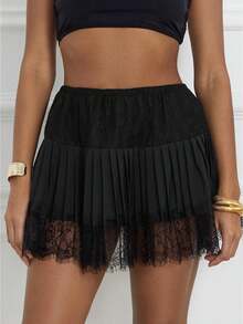 Women's Lace Mini Skirts Casual Low Rise Loose Fit Pleated A-Line Skirts Half Slip Skirt Lace Trim Fairy Mesh Flowy Short Skirts Underskirt Casual Summer Beach Vacation Clothes Outfit Streetwear - 黑色 - 查看 1