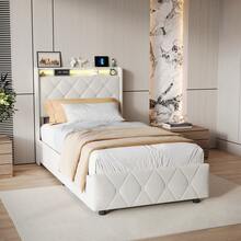 Caluself 90/140/60 X 200 Cm Bed Frame, Single Bed With 2 Drawers, Double Bed With 4 Drawers, Upholstered Bed, Youth Bed Frame, Drawer Bed, Velvet - 米色 - 查看 4