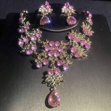 1 Set de accesorios para fiesta nupcial y banquete, juego de joyería de lujo con cristales brillantes de moda - Collar, Aretes, 3 piezas - conjunto de joyas - Ver 12