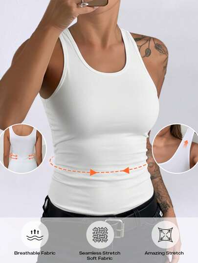 ChicMe Women's U-Neck Sleeveless Vest, Solid Color Slim Fit Compression Camisole, Seamless Elastic Casual Sports Everyday Wear White Summer