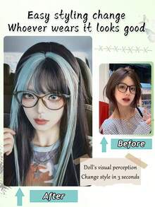 棕黑色挑染薄荷绿长直假发，女士自然发合成洛丽塔假发，日常角色扮演耐热假发 - 彩色 - 查看 3