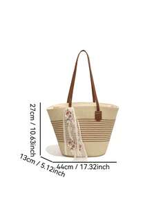 1pc French Countryside Style Straw Tote Bag, Large Capacity, Spring New Arrival - White - View 2