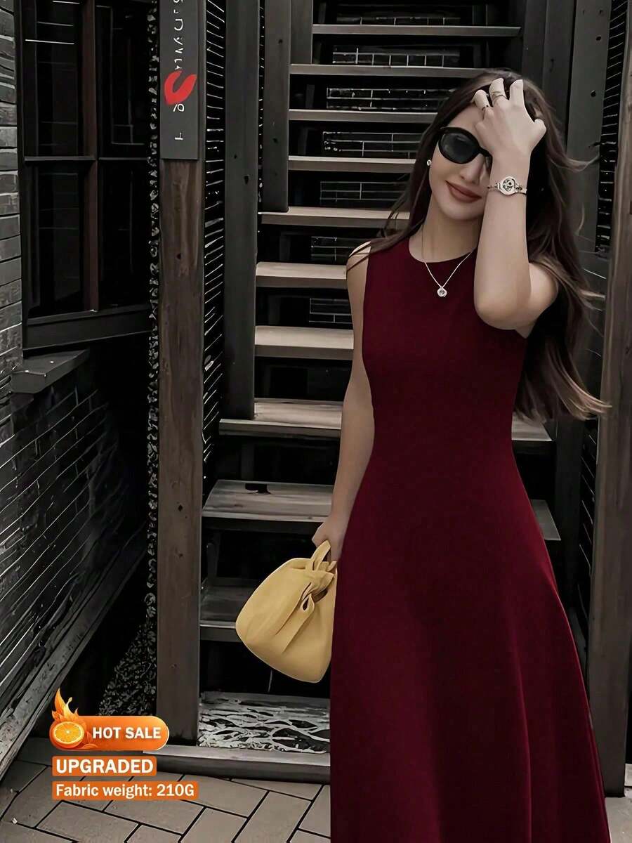 Vuslat 女士纯色无袖修身滑冰裙,无袖圆领系带喇叭裙,纯色弹力修身中长连衣裙,优雅百搭,适合度假、婚礼、生日、派对、晚宴、新年、情人节、通勤、办公等场合。 - 酒紅色 - 查看 1