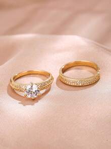 2入組方晶鋯石永恆戒指精緻珠寶派對婚禮訂婚裝飾女式女孩禮物 - 金黃色 - 查看 12