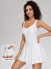 MASKERT 女士V领休闲连衣裙，网球裙，瑜伽裙，透气舒适 - 白色 - 查看 1