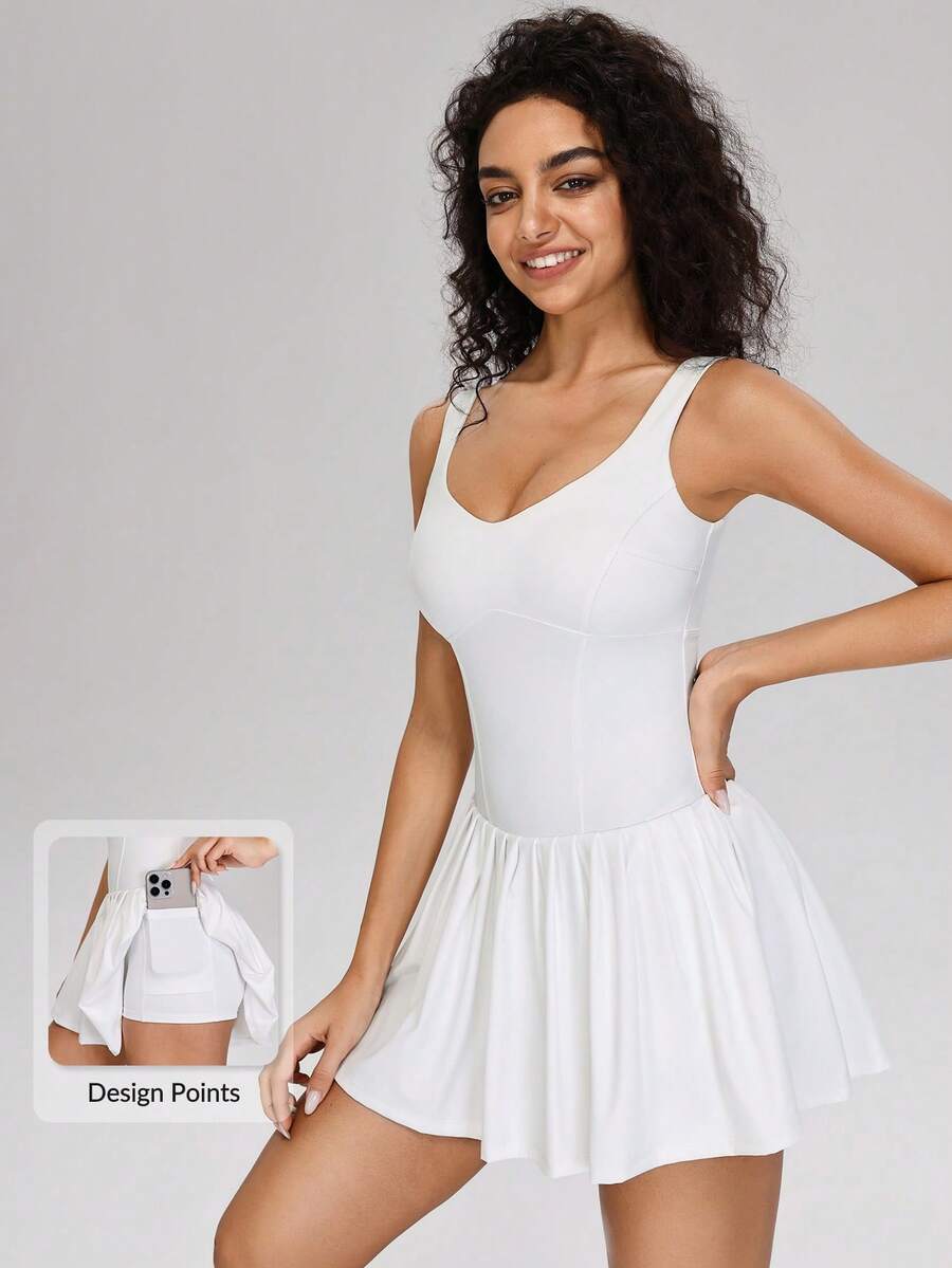 MASKERT 女士V领休闲连衣裙，网球裙，瑜伽裙，透气舒适 - 白色 - 查看 1