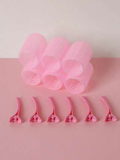Self-Grip Curling Iron Set, No-Heat Curler And Hair Clips DIY Hairstyling Tools (Pink)
