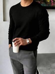 GRDR Men's Solid Color Casual Versatile Crew Neck Long Sleeve T-Shirt - Black - View 3