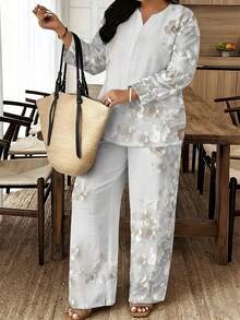 Minimalist Attribute Woven Fabric Soft & Skin-Friendly Women's Home & Office Summer Anniversary Gift White Dark Floral Pattern Women's Plus Size Two-Piece Set - 彩色 - 查看 2