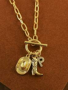 1pc Retro Classic Letter Western Cowboy Hat Pendant, With Gold Stainless Steel Paperclip Chain, Women Necklace - Yellow Gold - View 31