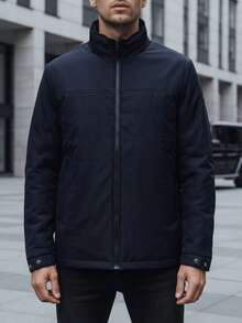 Men's Transitional Season Jacket, Hoodless, Zip-Up Design, Simple Style, Hip-Length, Lightweight Padding, 100% Polyester, Side Pockets, Casual Fit, High Stand Collar, Classic Men's Jacket. - Navy Blue - View 2