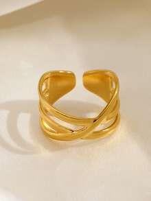 1pc 18K Gold Plated Stainless Steel Geometric Line Design Open Ring, Suitable For Women's Daily Wear - Gold - View 4