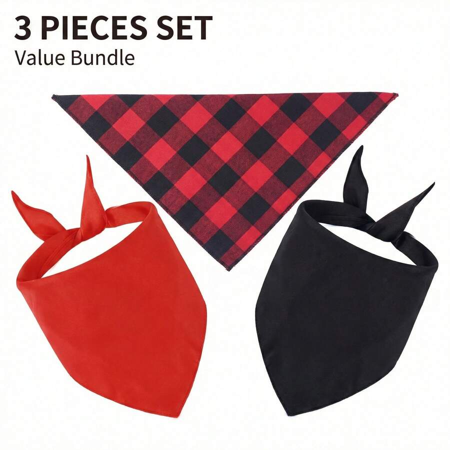 3件套超值组合装：水牛格纹狗狗三角巾，经典红黑格纹三角围巾，可调节可水洗口水巾（适合大型犬） - 紅色 - 查看 1