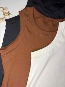 Set Of 3 Women's Long Tank Tops, Summer Fashion, Ribbed Cotton, Round Neck, Sleeveless, Regular Length And High Elasticity. - Chocolate Brown - View 2