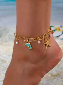 1件海洋度假风脚链，海洋生物系列珍珠海星海豚脚链，女士沙滩假日款 - 金黃色 - 查看 1