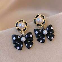 1 Pair New Dot & Bow Earrings, Korean Elegant Earrings - Black - View 3