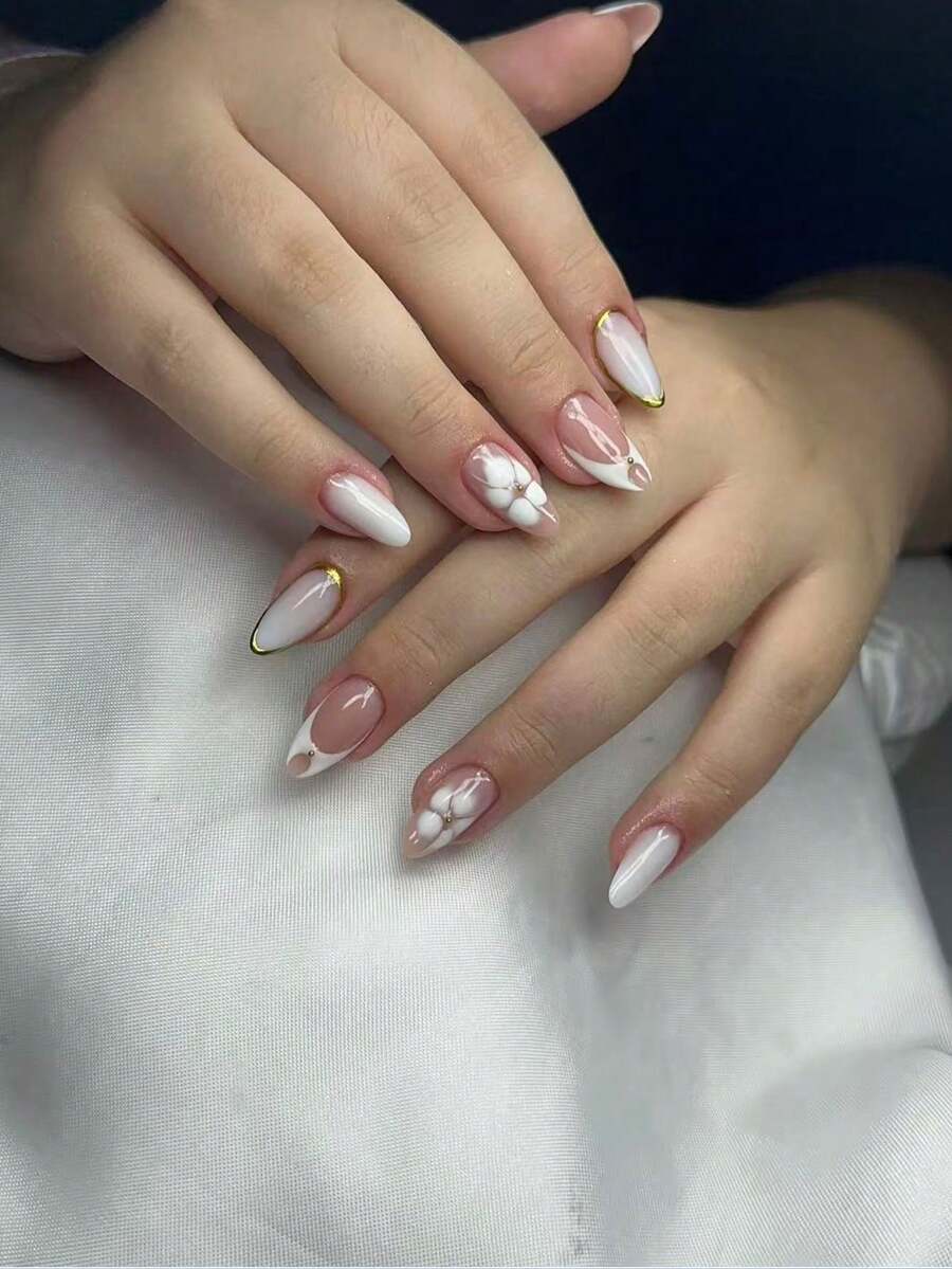 24片杏花美甲贴纸，带金属珠，白色法式贴片设计，亚克力甲片，适合夏季美甲，包含1瓶果冻胶和1把指甲锉。花卉法式美甲，适合女性日常工作、节日和派对场合。 - 彩色 - 查看 1
