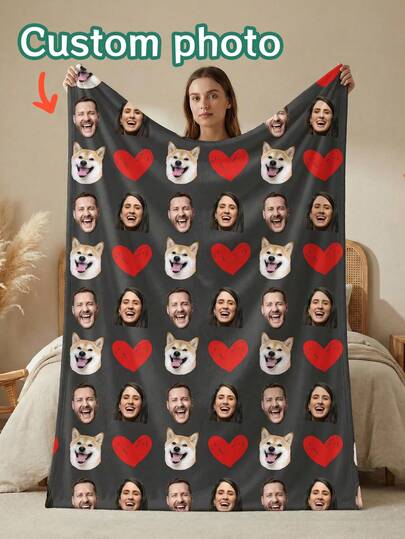 1 pieza Manta personalizable con foto divertida de la cara, regalo personalizado del Día de San Valentín, manta con patrón de caras de parejas y mascotas, regalo del Día de San Valentín/cumpleaños para parejas y dueños de mascotas, decoración del hogar para sofá y dormitorio, suministros para perros, manta personalizada, perro feliz