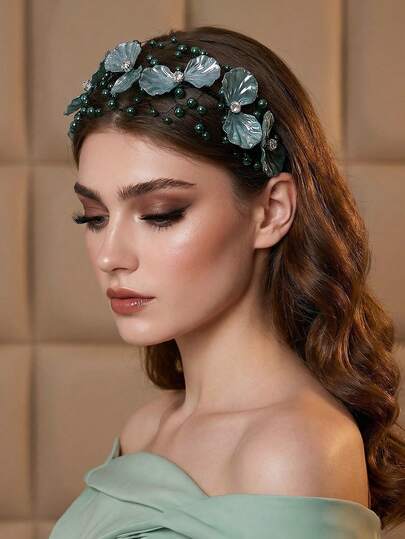 1pc Fresh Green Pearl Flower Headband, Elegant Floral Petal Design With Crystal Decor, Forest Fairy Style Headpiece Suitable For Bride, Wedding, Party, Holiday, Daily Casual Wear