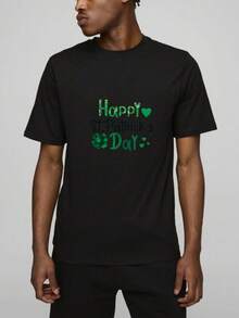 Men's T-Shirt, Women's T-Shirt,  St Patrick's Day Themed Designs Featuring,  Happy St Patricks Day With Green Heart And Clover Design On Black T Shirt Comfortable And Versatile Outdoor Casual Short Sleeve - Negro - Ver 4