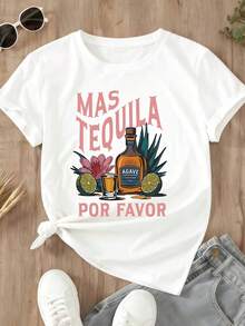 Mas Tequila Por Favor T Shirt Women Funny Tequila Lover Graphic Tee Agave Bottle And Lime Design White Casual Summer Top For Women - 白色 - 查看 3