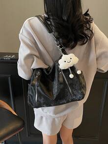 2026新款女款大容量通勤單肩包，小眾設計，休閒百搭極簡時尚斜挎包，舒適PU面料，純色設計，拉鍊開合，可調節長肩帶，後背包，多功能大空間容量，附吊飾托特包 - 黑色 - 查看 9