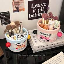 可爱卡通动物大容量笔筒 - 办公桌收纳盒，可收纳钢笔、马克笔和文具，小猫小狗图案，适合学生和办公人士使用，蓝粉色，办公用品及配件，办公桌配件，桌面配件，办公配件 - 多色1 - 查看 3