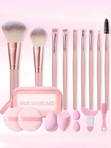 18件套化妆工具套装，包括：9支化妆刷套装+1个多功能防水拉链化妆包+2个化妆海绵+2个迷你化妆海绵+2个圆形粉扑+1个眼部化妆辅助工具+1个洗鼻刷 - 粉色 - 查看 12
