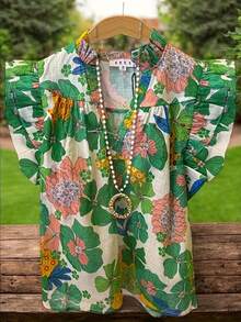 Floral Print Flutter Sleeve Top - Women's Spring & Summer Clothing - 翠綠色 - 查看 1