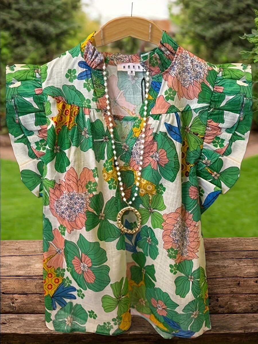 Floral Print Flutter Sleeve Top - Women's Spring & Summer Clothing - 翠綠色 - 查看 1