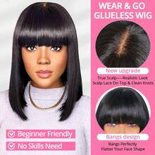 Tóc giả bob có mái bằng tóc thật, độ dày 180, ren 2x1, kiểu tóc bob thẳng có mái, không cần keo dán, vẻ ngoài tự nhiên, dành cho nữ, được sản xuất bằng máy, rẽ ngôi giữa. - Natural Black - Xem 12