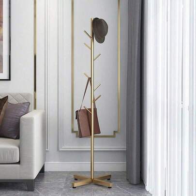 Modern Minimalist Floor-Standing Coat Rack, Hooks At Entrance With Spacious Storage Space, Marble Top And Metal Frame (Product Packaging Includes Assembly Video QR Code)