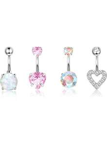 4pcs 14G Belly Button Rings Surgical Stainless Steel Round, Heart, Butterfly Cubic Zirconia Elegant Navel Barbell Stud Body Piercingm 10mm - Multicolor - View 8