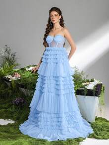 Faeriesty Elegant Strapless Evening Dress: Layered Ruffle Dress, Sheer Tie Back, Voluminous Tulle Skirt, Embellished Bodice, Suitable For Wedding Ceremony, Bridal Photography, Outdoor Romantic Portraits, Formal Occasions, Garden Celebrations Party Spring - Blue - View 1