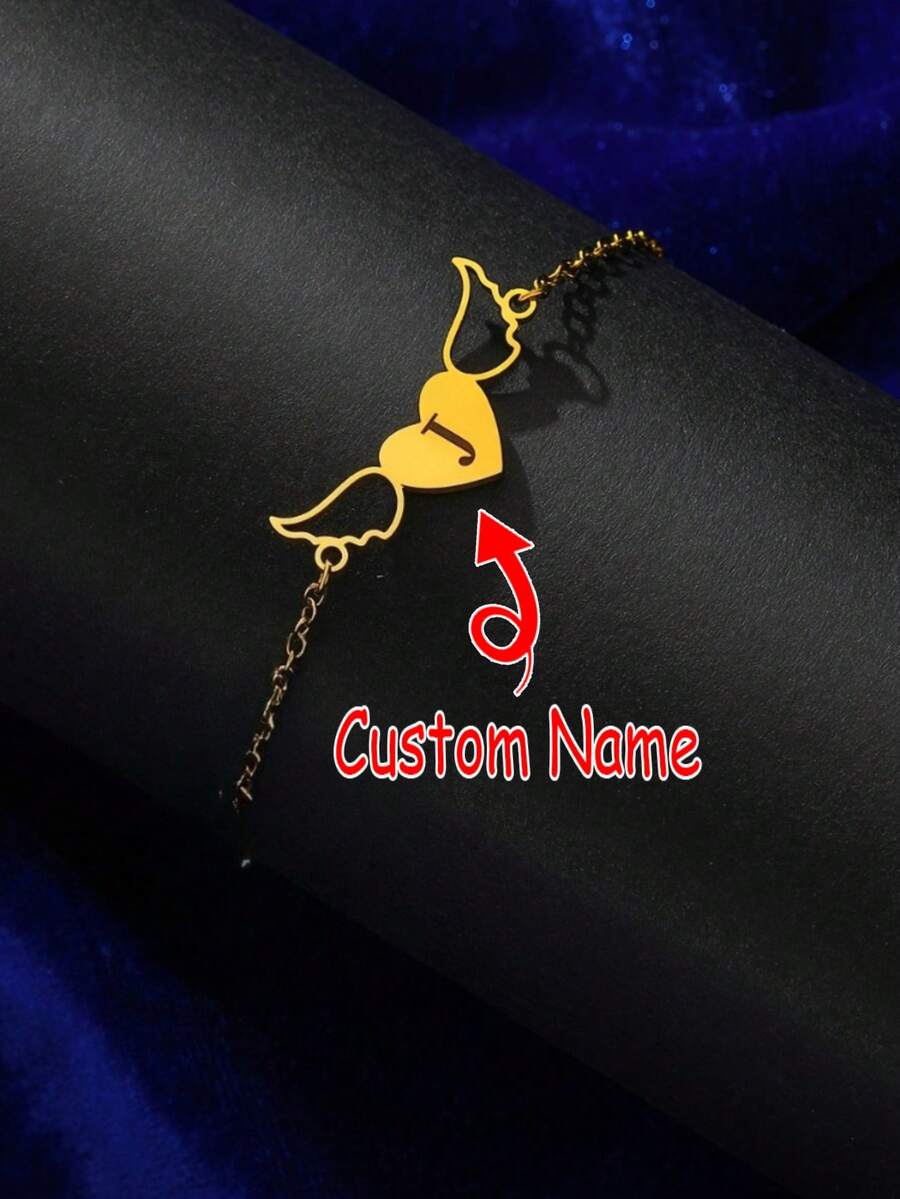Personalized Letter Heart Bracelet With Angel Wings, Unique Commemorative Letter Jewelry Can Be Inlaid With Birthstone - Multicolor - View 1