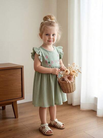 春夏女婴舒适柔软棉质刺绣碎花连衣裙，简约设计，优雅廓形，日常及派对必备单品，也是一份很棒的礼物。