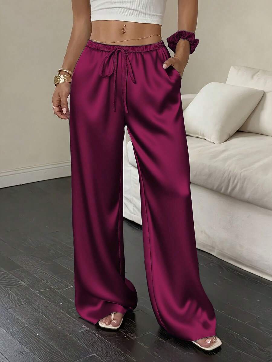 1条纯色抽绳口袋裤，适合居家、日常穿着、度假、单身派对等场合，缎面材质，四季皆宜，春季款 - 中紫紅色 - 查看 1