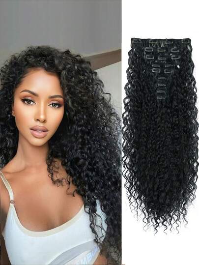 9pcs Black Clip-In Hair Extensions, 22 Inch Long Curly Thick Heat-Resistant Synthetic Soft Deep Wave Hair Pieces For Women