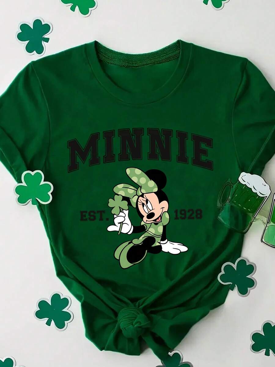 Disney Women's T-Shirt Featuring A St. Patrick's Day-Inspired Disney Minnie Mouse Lettering Cartoon Print. This Spring/Summer Women's Crew Neck Tee Is Crafted From Soft, Comfortable Fabric. A Stylish Disney Women's Graphic Tee Perfect For Everyday Wear, Outings, Travel, And Leisure Activities-Also Makes An Exquisite Gift. - Green - View 1