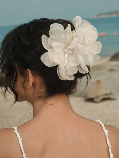 Opalesca 1个仿珍珠装饰超仙粉色网纱花朵发爪，优雅百搭，适合旅行、度假、聚会等场合，花朵发爪，情人节礼物，发夹，发卡，发夹，发抓夹，发夹，发卡，发饰，休闲秋冬发饰，女士情人节礼物，夏季