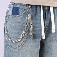 1pc Multi-Layer Men's Pant Chain, Fashion Hip-Hop Unisex Pant Chain With Moon, Sun, Oil Drop Cross, Heart Oil Drop, Skull Pendant Waist Accessories, Street Party Wear, Gift Jewelry - Silver - View 9