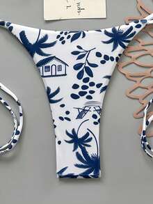 2pcs Casual Elegant Sexy Bohemian Leopard Star Print Tie-Up Crochet Contrast Trim Bikini Swimwear, Beach Holiday, Spring/Summer - Blue - View 7