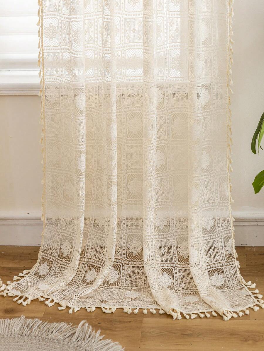 1pc Bohemian Style Hollow Square Grid Ruffle Tassel Curtain Rod Pocket Sheer Curtain, Modern Minimalist Fashion Curtain Rod Decor, Heat Insulation & Blackout, Suitable For All Seasons - Multicolor - View 1