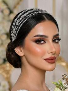 1pc Shiny Silver Rhinestone Headband, Fashionable Mesh Hollow Wide-Brim Headpiece Suitable For Bride, Wedding, Celebration, Holiday Gift, Date, Carnival Party, Casual Wear Beauty Home Hair Accessories - 黑色 - 查看 4