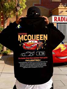 Disney Men's Hooded Sweatshirt With Lightning McQueen Design From The Cars Franchise. A Casual, Loose-Fitting Pullover, This Comfortable And Soft Men's Sweatshirt Is Suitable For Everyday Wear, Outings, And Parties. - Black - View 3